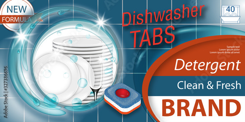 Dishwasher detergent tabs. Package design realistic with plates stack and glass in water splash and tablets. Dish wash advertisement poster layout or banner. Vector