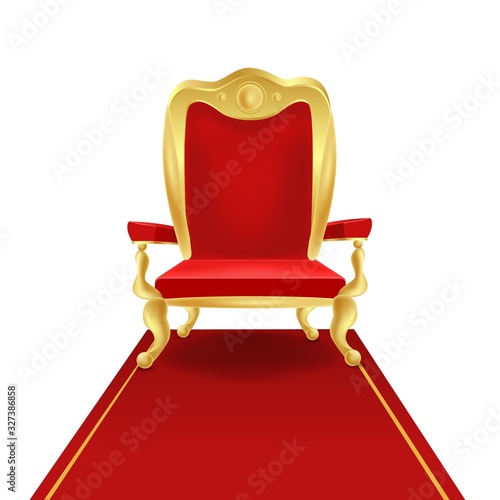 Luxury golden king throne chair with red royal carpet vector graphic illustration. Vintage cartoon vip seat place comfortable antique armchair isolated on white background