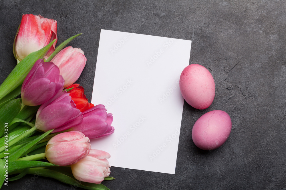 Easter greeting card with eggs and tulips Easter greeting card with eggs and tulips