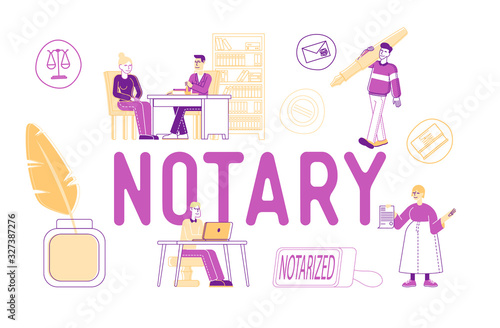 Notary Professional Service Concept. People Visit Lawyer Office for Signing and Legalization Documents. Secretary Stamping Documentation Poster Banner Flyer Brochure. Cartoon Flat Vector Illustration