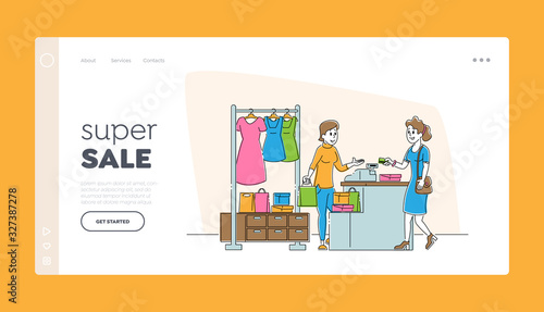 Shopping Spare Time Website Landing Page. Woman Paying with Credit Card at Counter Desk in Store Buying Garment in Apparel Boutique in Mall Web Page Banner. Cartoon Flat Vector Illustration, Line Art
