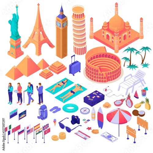 Collection of adventure touristic decorative design elements isometry vector graphic illustration. Set of different colorful travel people, flag, attraction, fruit and suitcase isolated on white