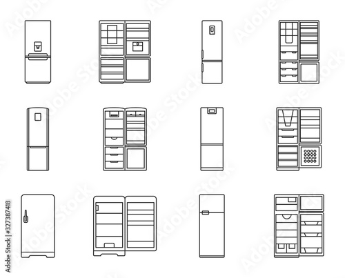 Fridge vector outline illustration.Kitchen refrigerator vector icon.Isolated outline set of modern fridge and freezer.Isolated icon refrigerator for food.