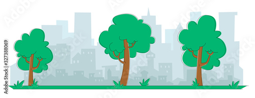 Modern Megapolis with Glass Buildings Silhouettes Stand on Beautiful Nature Landscape Background at Summer Time, Empty City Park and Skyscrapers, Cityscape Cartoon Flat Vector Illustration, Line Art