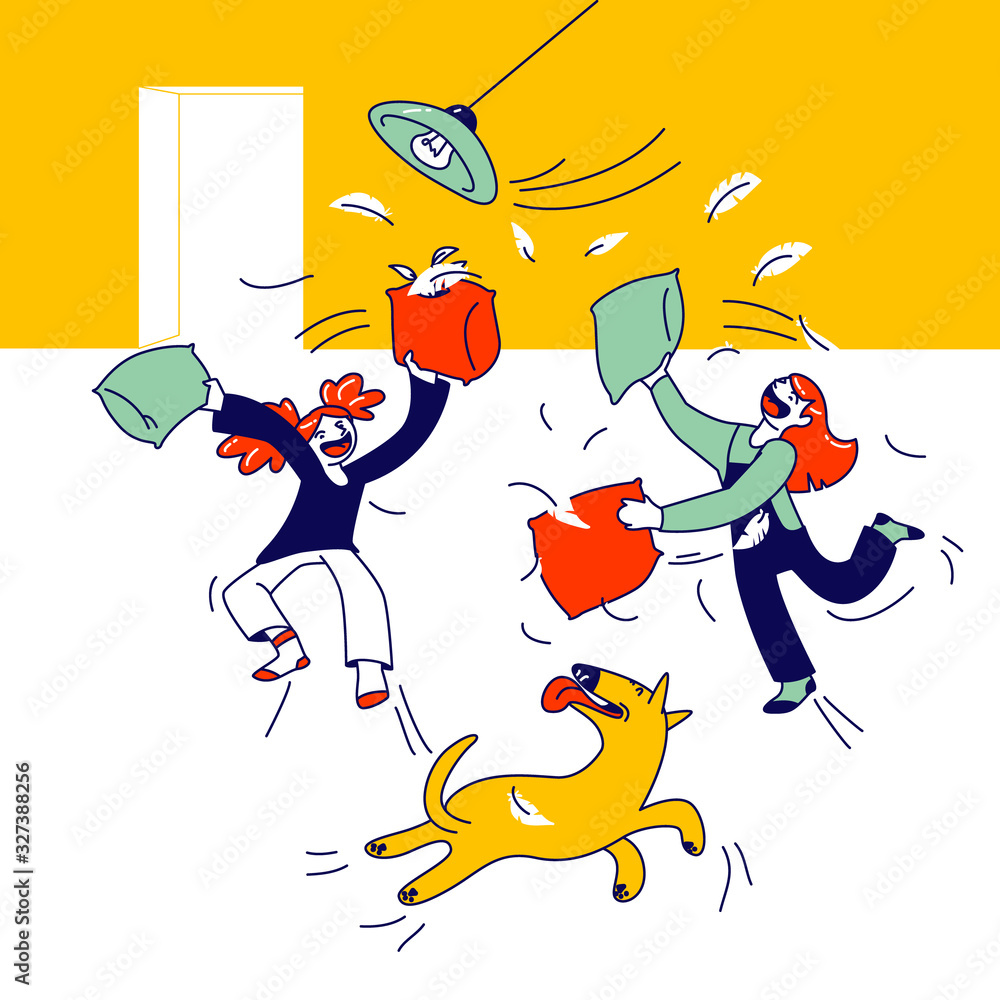 Naughty Hyperactive Children Fighting. Little Girls Friends or Sisters  Playing, Making Mess in Room. Kids and Dog Fooling and Fight on Pillows.  Game, Quarrel Cartoon Flat Vector Illustration, Line Art Stock Vector |