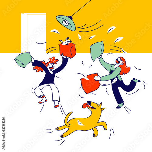 Naughty Hyperactive Children Fighting. Little Girls Friends or Sisters Playing, Making Mess in Room. Kids and Dog Fooling and Fight on Pillows. Game, Quarrel Cartoon Flat Vector Illustration, Line Art