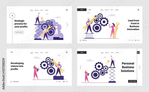 Working Routine Process and Teamwork Cooperation Website Landing Page Set. Business People Moving Gears, Managing Cogwheels Mechanism Web Page Banner. Cartoon Flat Vector Illustration Web Page Banner.