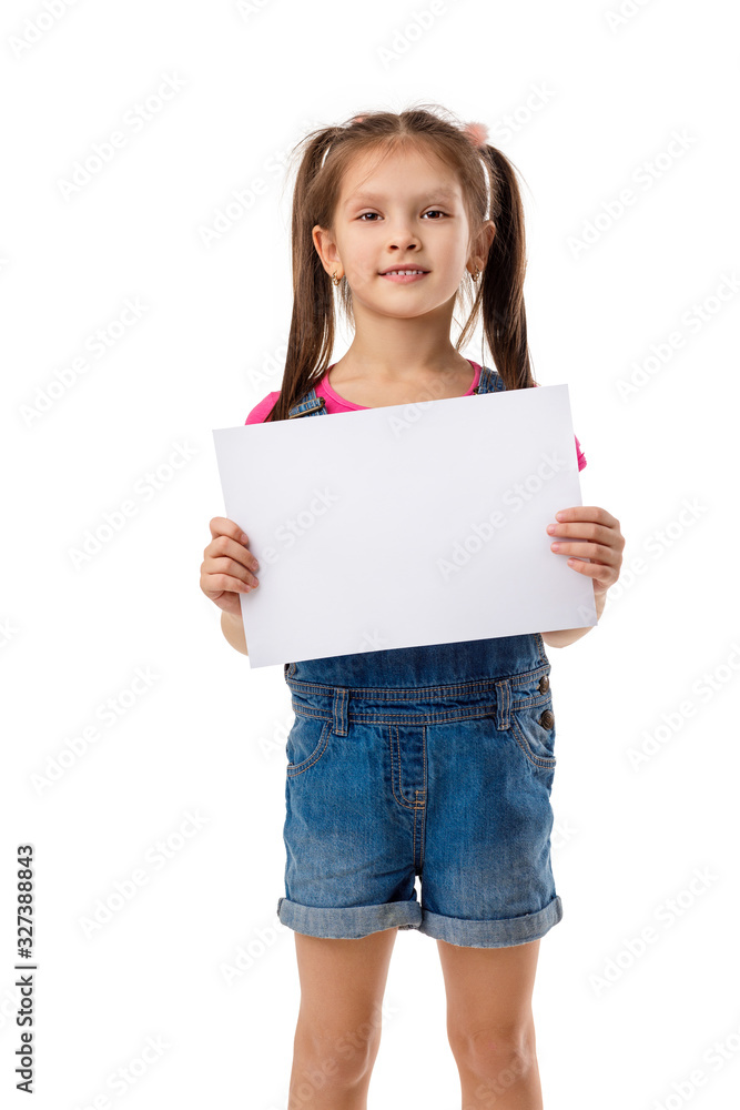 Happy cute child holding empty blank isolated on white background. kid with placard board for your text. girl with white sheet of paper. copy space Happy cute child holding empty blank isolated on white background. kid with placard board for your text. girl with white sheet of paper. copy space