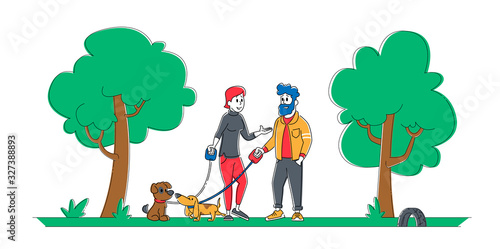 People Spending Time with Pets Outdoors. Male and Female Characters Walking with Dogs in Public City Park or Home Yard. Leisure, Communication with Animals Cartoon Flat Vector Illustration, Line Art
