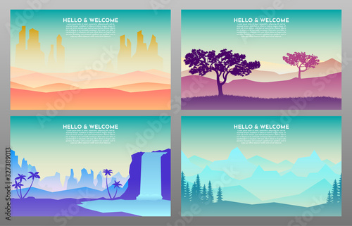 Abstract landscape set, Vector banners set with polygonal landscape illustration, Minimalist style. Desert, savannah, forests, waterfall. 4 backgrounds