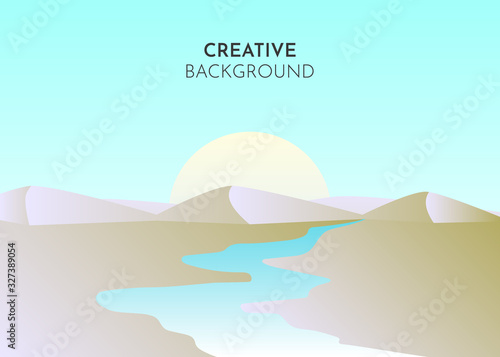 Abstract landscape. Vector banner with polygonal landscape illustration, Minimalist style. River flows from mountains on sunset background