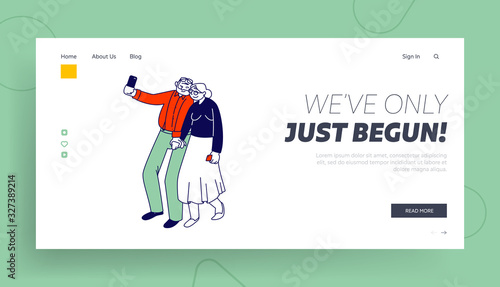 Senior People and Smart Devices Website Landing Page. Aged Couple Making Selfie. Elderly Man and Woman Have Fun Together Photographing on Mobile Phone Cartoon Flat Vector Illustration, Line Art
