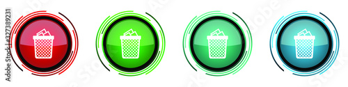 Trash, can round glossy vector icons, set of buttons for webdesign, internet and mobile phone applications in four colors options isolated on white background