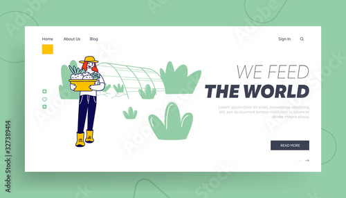 Farm Natural Product, Organic Food Gardening, Farmland Website Landing Page. Girl Farmer or Gardener with Basket of Vegetable from Greenhouse Web Page Banner. Cartoon Flat Vector Illustration Line Art