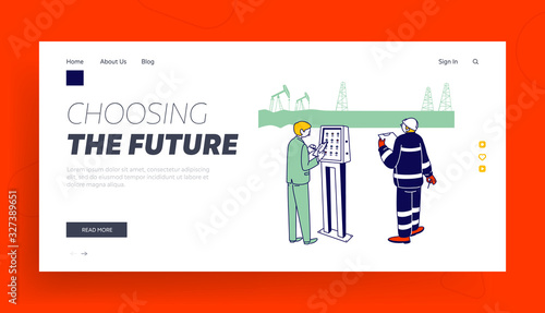Daily Activity of Oil Rig Workers, Gas Industry Website Landing Page. Engineer Control Pipe, Production Operator Record Data to Log Book Web Page Banner. Cartoon Flat Vector Illustration, Line Art