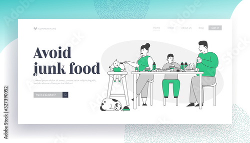 Fat Family Eating Unhealthy Food Website Landing Page. Mother, Father and Kids Sitting at Table with Bakery, Fastfood and Meat Dining Web Page Banner. Cartoon Flat Vector Illustration, Line Art