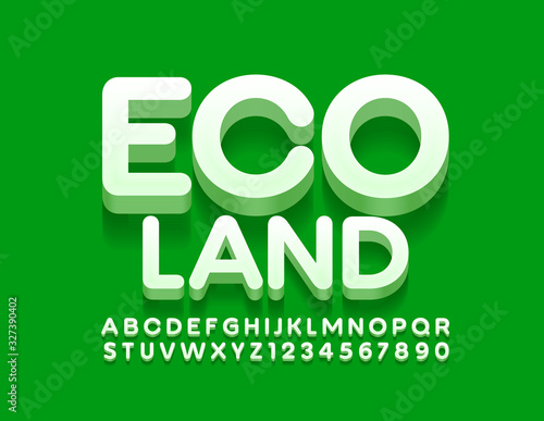 Vector green logo Eco Land with 3D Font. White Alphabet Letters and Numbers