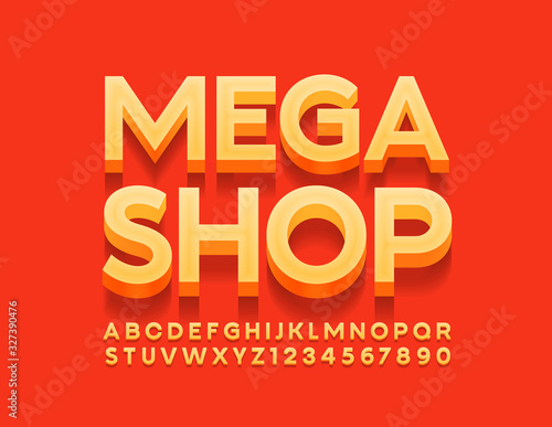 Vector colorful logo Mega Shop with 3D Font. Stylish Alphabet Letters and Numbers.