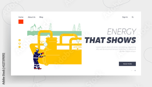 Pipeline Operator Check and Inspect Oil Pump Website Landing Page. Worker with Equipment Work in Gas Industry. Technician Maintenance Service Web Page Banner. Cartoon Flat Vector Illustration Line Art