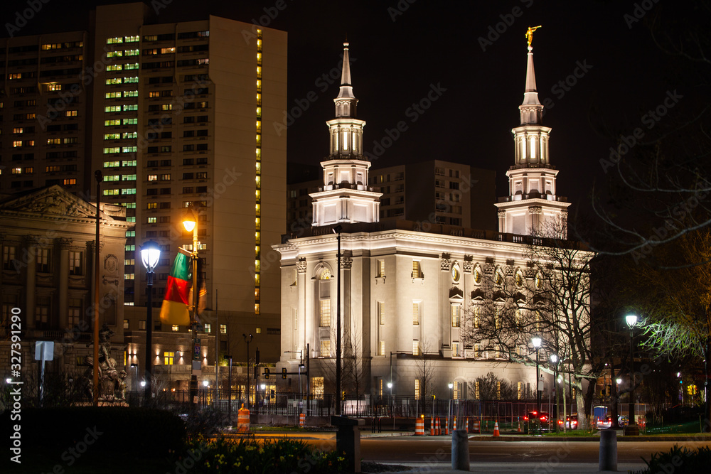 Philadelphia Pennsylvania Temple of latter-day Saints on Benjamin Franklin parkway at night Philadelphia Pennsylvania Temple of latter-day Saints on Benjamin Franklin parkway at night