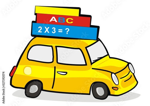 yellow car and books, vector icon