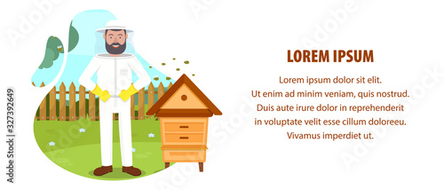 Beemaster in Protective Mask and Suit near Beehive. Breed Bees. Honey. Beekeeper Costume. Stand near Hive. Apiary on Background Forest. Vector Illustration. Hobby Beekeeping. White Background and Text