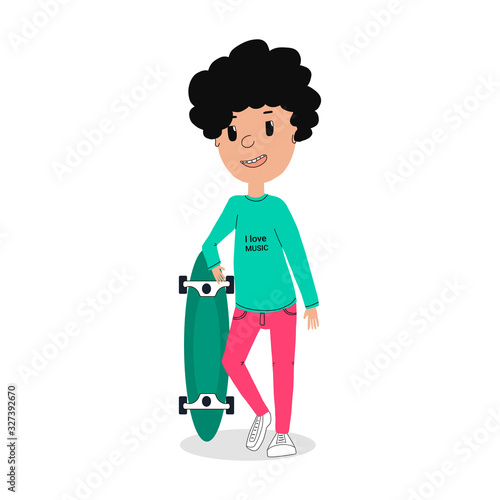 Cute hipster character. Skater guy with a longboard on the street.Vector illustration in a flat design.for posters, children s books and websites-t-shirt design.