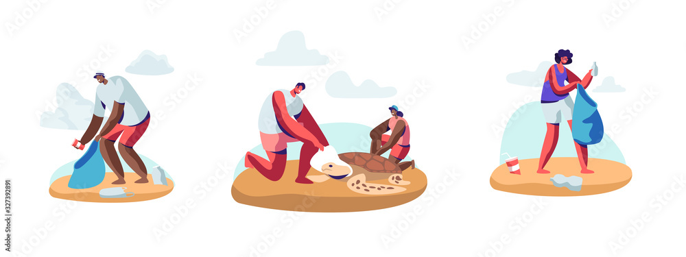 Set of Volunteer People Cleaning Garbage on Beach Area and Saving Tortures.Volunteering, Men and Women Collecting Trash on Coastal Line or Seaside. Social Charity Cartoon Flat Vector Illustration