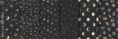 Vector illustration set of moon phases. Different stages of moonlight activity in vintage engraving style. Zodiac Signs