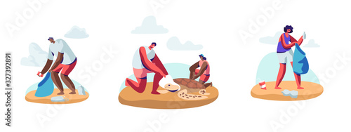 Set of Volunteer People Cleaning Garbage on Beach Area and Saving Tortures.Volunteering, Men and Women Collecting Trash on Coastal Line or Seaside. Social Charity Cartoon Flat Vector Illustration