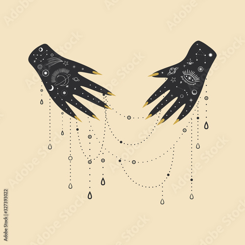 Vintage retro engraving style magic hand silhouette line. spiritualistic session, witch's palm, cult of space and magic. Vector graphics