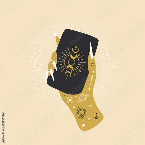 Vintage retro engraving style magic hand silhouette line. spiritualistic session, witch's palm, cult of space and magic. Vector graphics