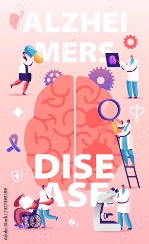 Alzheimer Disease Concept. Tiny Doctors Walking around of Huge Human Sick Brain, Purple Ribbon. Senior People Dementia and Memory Loss Poster Banner Flyer Brochure. Cartoon Flat Vector Illustration