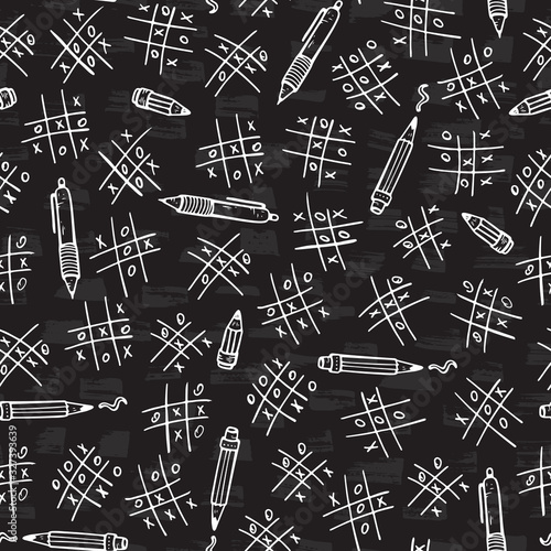 Back to school background. Doodle TIC TAC toe game, pen and pencil Vector Seamless pattern