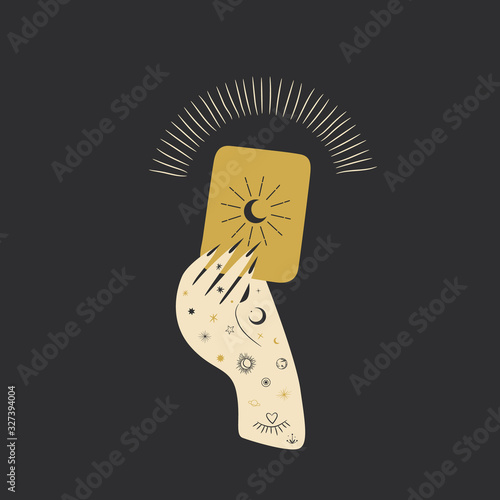 Vintage retro engraving style magic hand silhouette line. spiritualistic session, witch's palm, cult of space and magic. Vector graphics