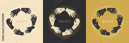 Vintage retro engraving style magic hand silhouette line. spiritualistic session, witch's palm, cult of space and magic. Vector graphics