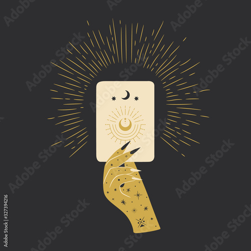 Vintage retro engraving style magic hand silhouette line. spiritualistic session, witch's palm, cult of space and magic. Vector graphics