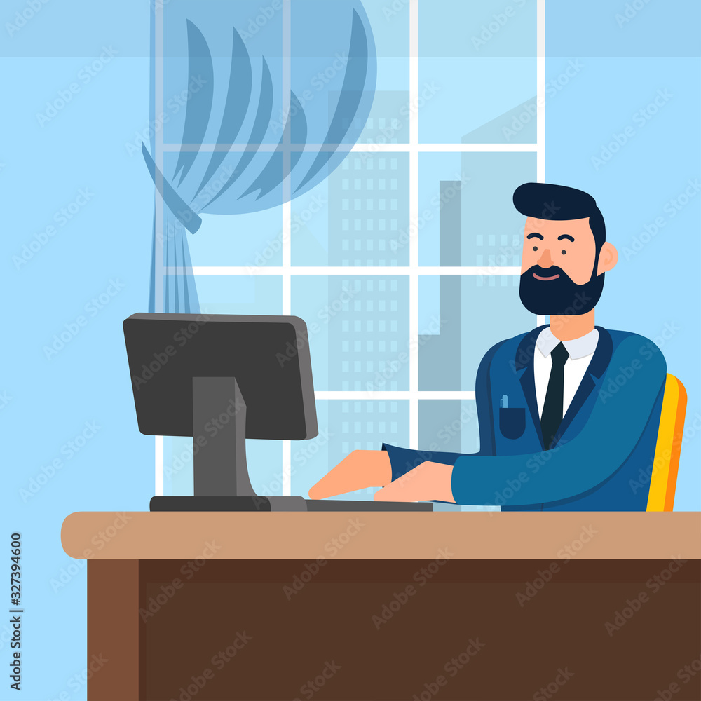Man Work at Office. Vector illustration. Man in Blue Suit Sit at Table in Office. Office Interior. Sit at Table. Look at Monitor. Successful Businessman. Employer. Conduct an Interview. New Employee. Man Work at Office. Vector illustration. Man in Blue Suit Sit at Table in Office. Office Interior. Sit at Table. Look at Monitor. Successful Businessman. Employer. Conduct an Interview. New Employee.