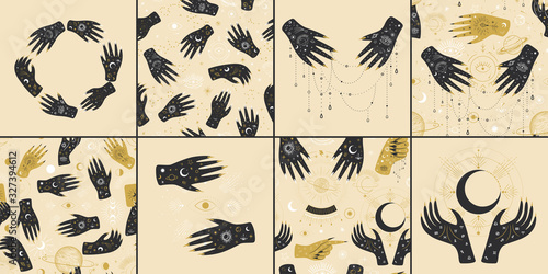 Vintage retro engraving style magic hand silhouette line. spiritualistic session, witch's palm, cult of space and magic. Vector graphics