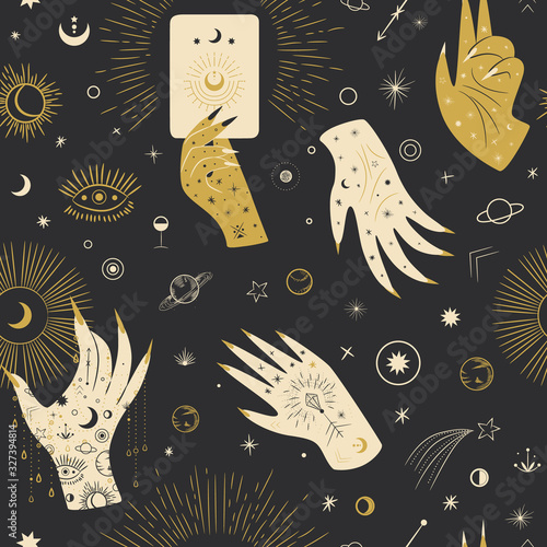 Vintage retro engraving style magic hand silhouette line. spiritualistic session, witch's palm, cult of space and magic. Vector graphics