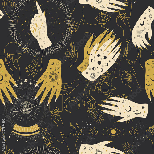 Vintage retro engraving style magic hand silhouette line. spiritualistic session, witch's palm, cult of space and magic. Vector graphics