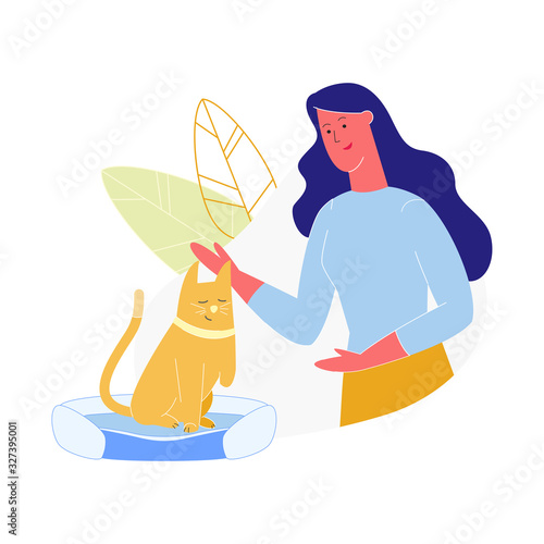 Young Woman Caress Cat Without Front Leg, Pet with Amputated Paw, Animal with Disability, Girl Character Spend Time with Domestic Animal, Human and Animal Relations. Cartoon Flat Vector Illustration