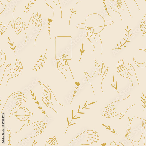 linear silhouette of a magic hand, modern trend design. space elements. vector illustration