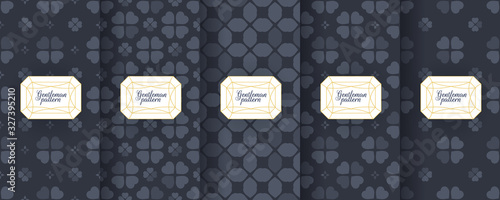 Set of dark vintage seamless backgrounds for luxury packaging design. Geometric pattern in black. Suitable for premium boxes of cosmetics, wine, jewelry. Elegant vector ornament set. Fabric print.