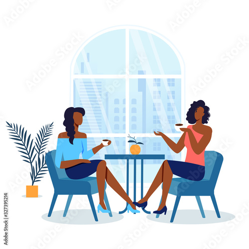 Girlfriends Meeting in Cafe Vector Illustration. Young Women in Fashionable Clothes Cartoon Characters. Female Friendship, Ladies Drink Coffee. Friends Communication, Girls Talk in Cafeteria