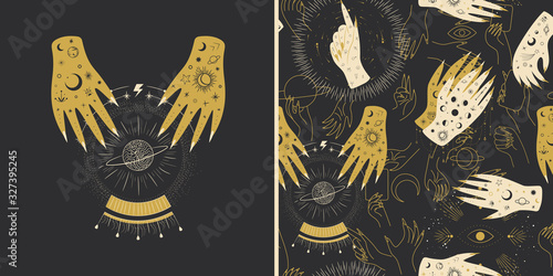 Vintage retro engraving style magic hand silhouette line. spiritualistic session, witch's palm, cult of space and magic. Vector graphics