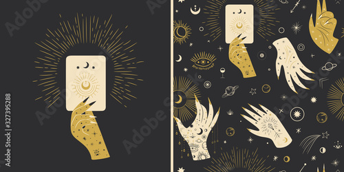 Vintage retro engraving style magic hand silhouette line. spiritualistic session, witch's palm, cult of space and magic. Vector graphics