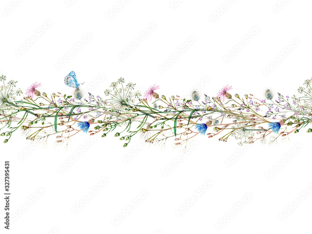 Watercolor hand-drawn illustration of seamless border with flowers and ...