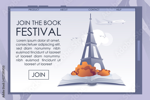 Join to Bookfest Invitation Advert on Phone Screen. Mobile Banner with Open Historic Paper Book, Famous Tower Landmark, Park and Airplane. Literature Event. Vector Illustration in Cartoon Flat Style photo