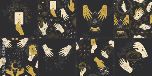 Vintage retro engraving style magic hand silhouette line. spiritualistic session, witch's palm, cult of space and magic. Vector graphics